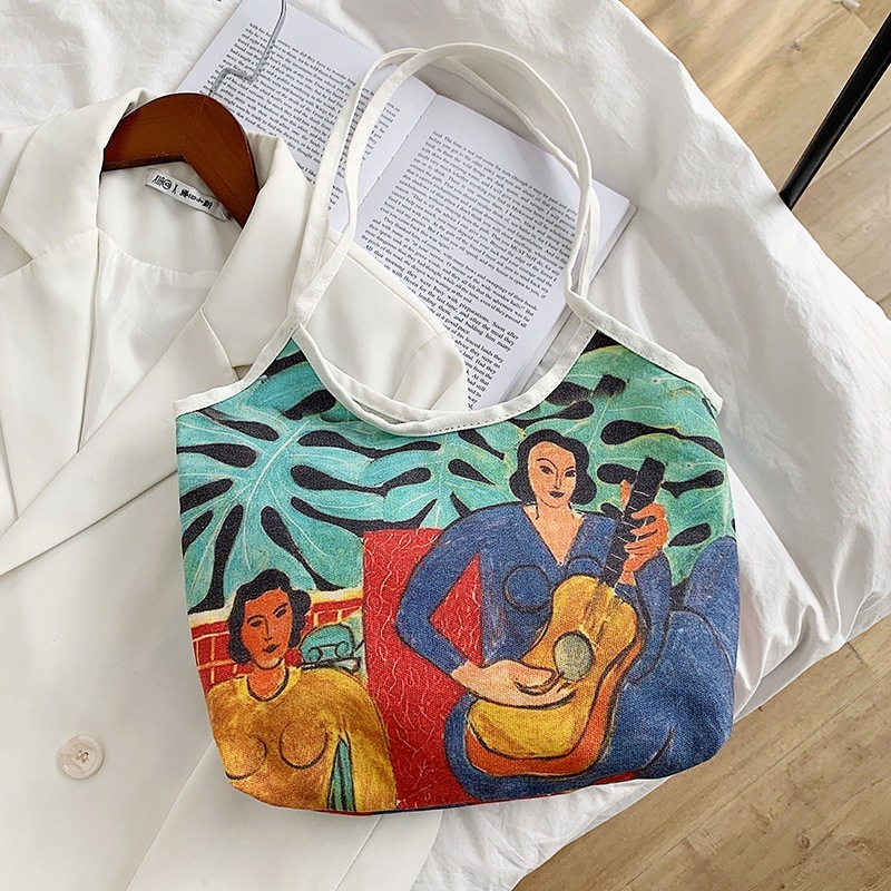 Oil painting canvas shoulder bag casual fashion design shopping bag literary simple cloth bag large capacity tote bag