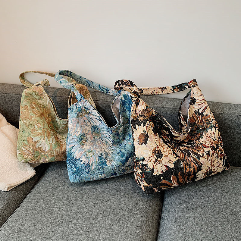 Cross-border large capacity women's bag French simple canvas bag oil painting ethnic style shoulder bag tote portable bucket bag
