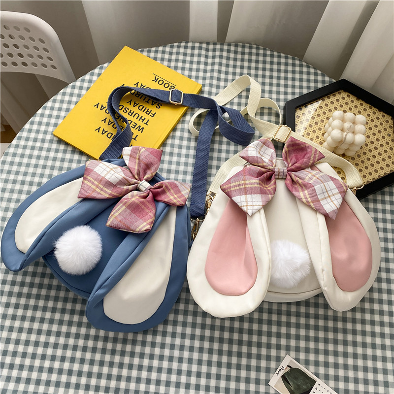 Rabbit ears bag for women cute and funny bow canvas bag summer vitality girl student pearl chain crossbody bag