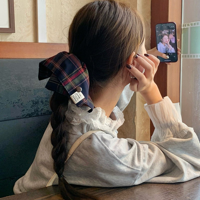 British College Style Square Scarf Hair Tie Versatile Fabric Label Button Hair Tie Rubber Band Headband Low Ponytail Hair Tie Hair Accessories