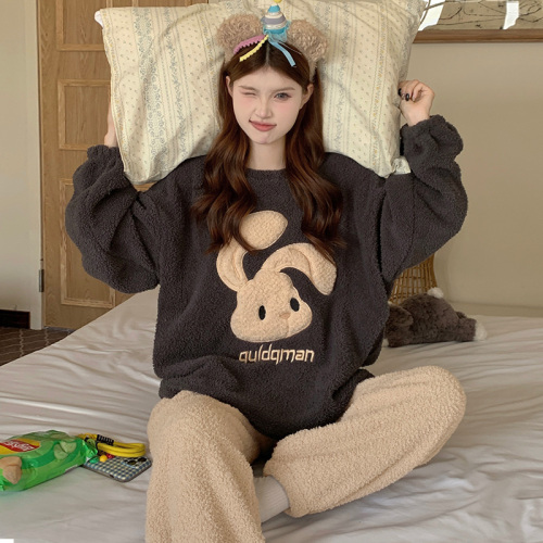 Coral velvet pajamas for women autumn and winter half velvet thickened warm flannel cute home wear set