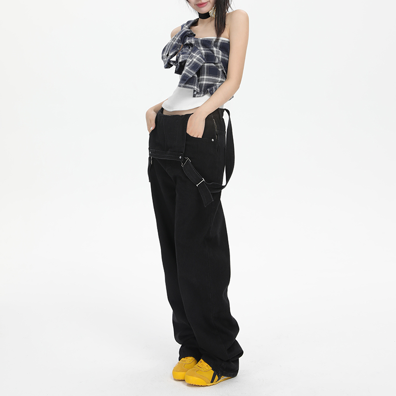 Shinjuku street loose denim overalls black & blue