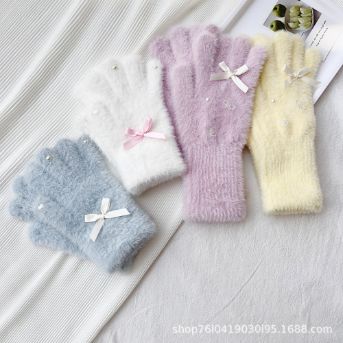 Cute bow thickened warm knitted gloves for furry girls, sweet imitation mink velvet winter touch screen gloves