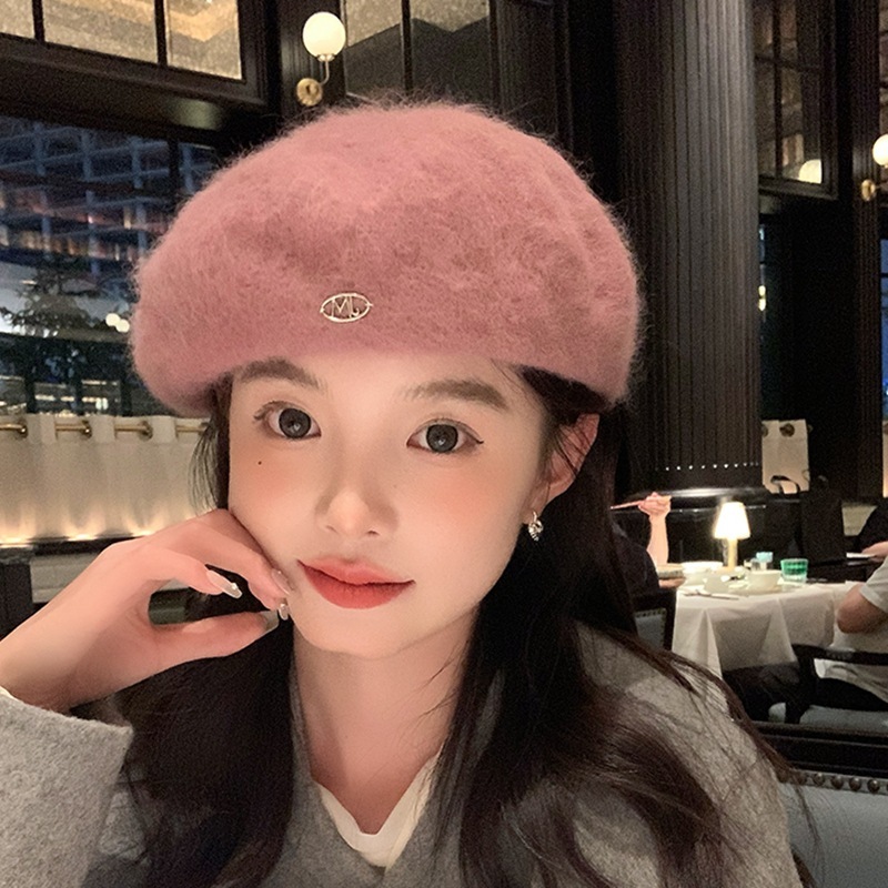 Japanese simple Angora rabbit wool blended beret women's autumn and winter face-showing small fashion painter pumpkin hat trend