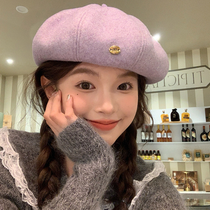 New casual autumn and winter taro purple whitening face small beret hat women's sweet and cute octagonal painter hat