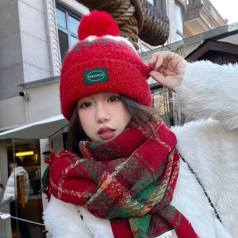 Christmas atmosphere big red wool hat 023 women's winter fur ball design knitted plush thickened ear protection