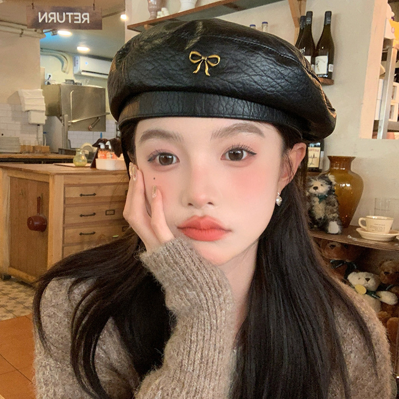 [My head is not round] High-quality bow leather beret hat 2024 new newsboy painter hat autumn and winter