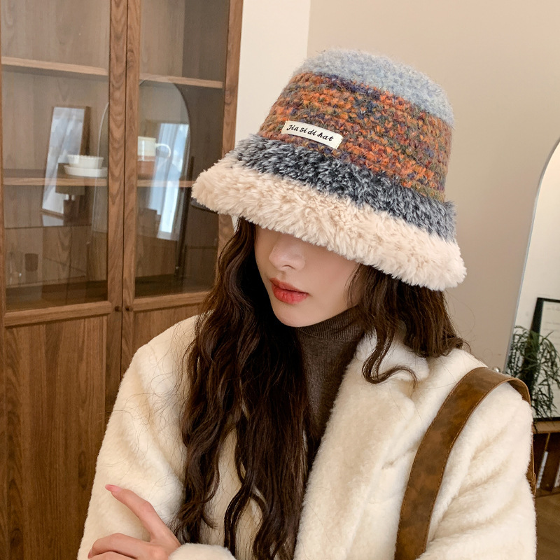 Korean version of thickened plush knitted hat for women in autumn and winter, cold-proof woolen hat, small face, warm, ear protection, fisherman hat, basin hat