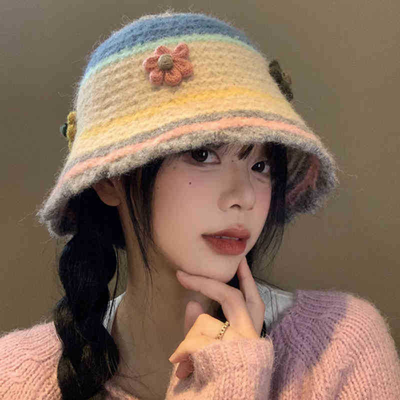 Japanese sweet flower knitted fisherman hat for women in autumn and winter Korean style face-showing small basin hat big head circumference wool hat trendy