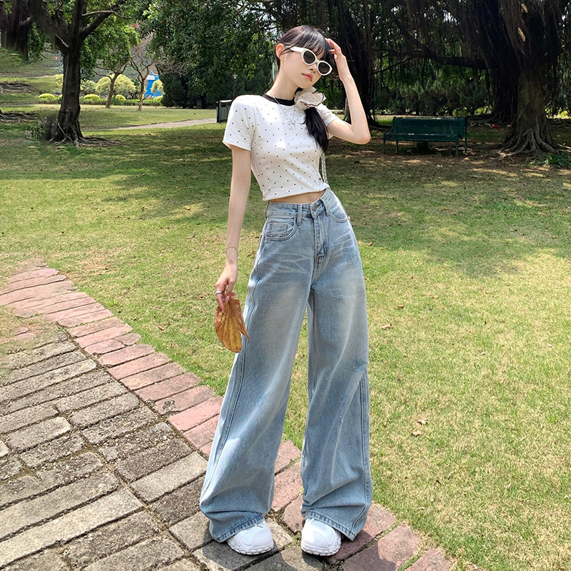 American retro loose wide-leg pants, versatile high-waisted, micro-flared ripped jeans, women's trousers, long trousers