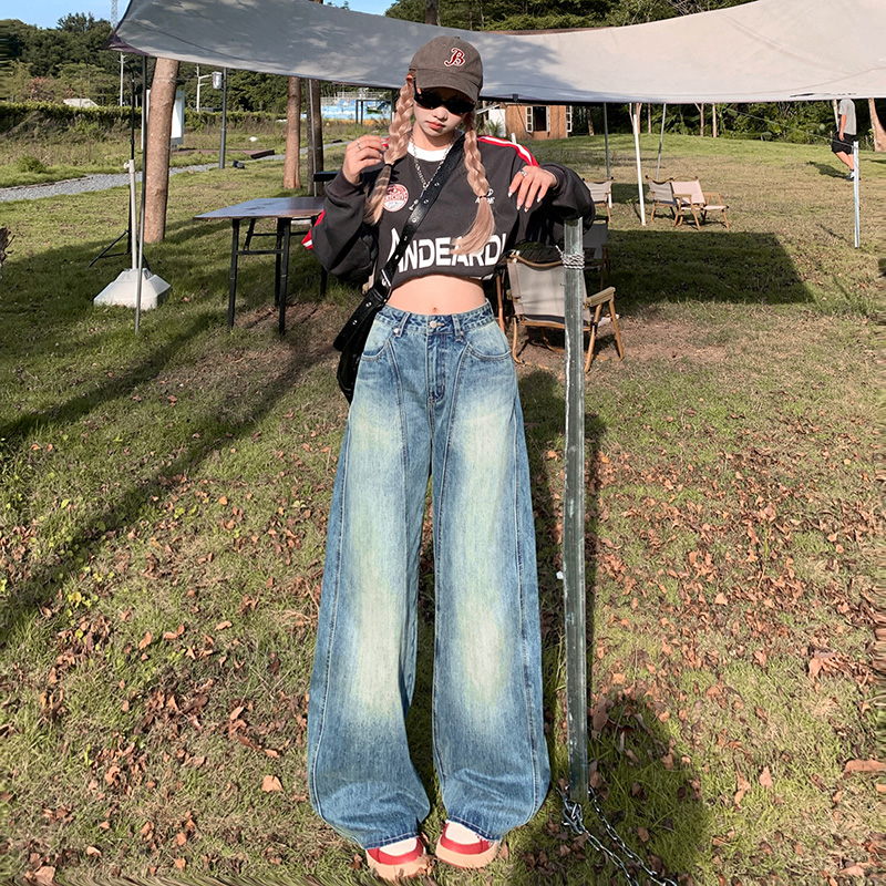 American Retro High Waist Loose Wide Leg Pants Niche Design Sickle Pants High Street Jeans Women & Long Pants