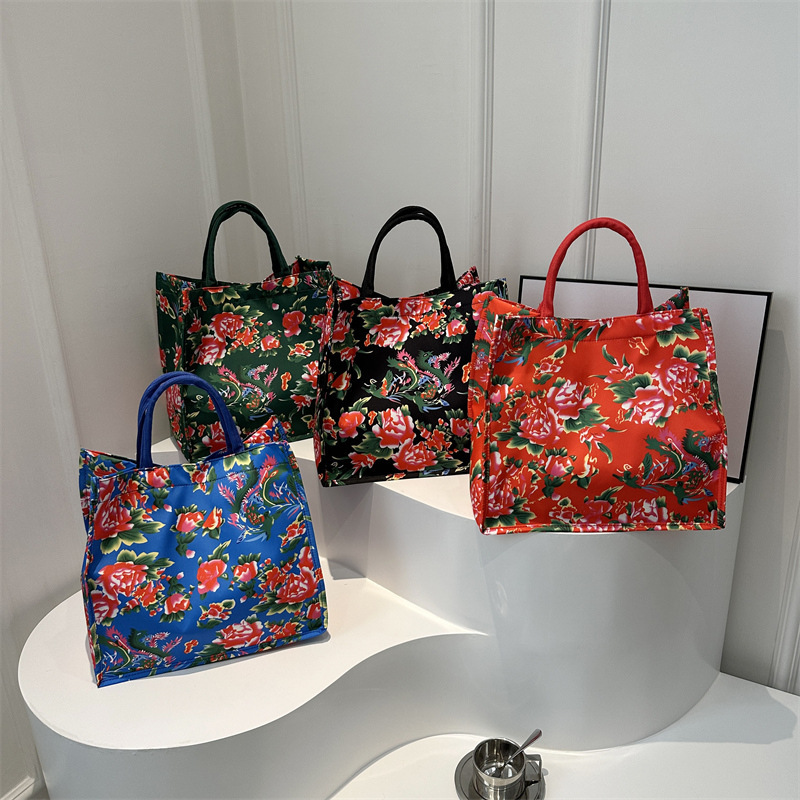 Ethnic Style 2024 New Northeastern Large Flower Fashionable Large Capacity Handbag Casual Simple Shopping Tote Bag