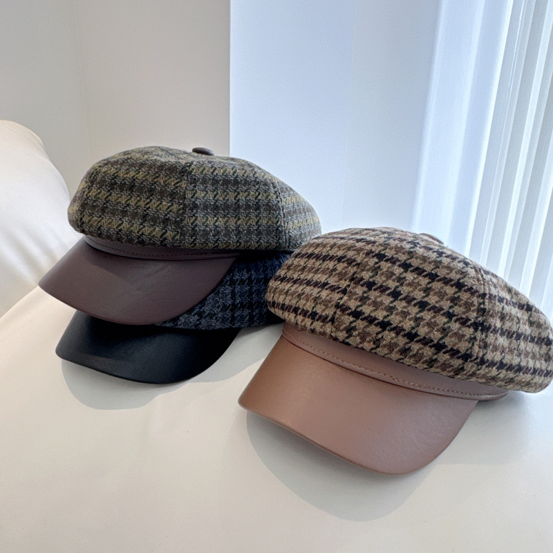 Small fragrant style houndstooth PU leather rim octagonal hat women's autumn and winter woolen peaked hat literary equestrian hat fashion hat fashion hat