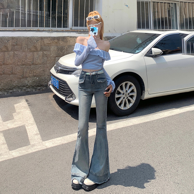 Retro Hot Girl Stretch Flare Pants Raw Edge Splicing Slim Fit Jeans Women & Long Pants
