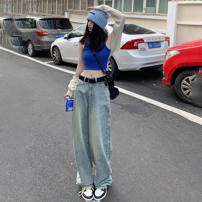 American Retro Distressed Loose Wide Leg Pants Versatile Slimming High Waist Straight Jeans for Women & Long Pants