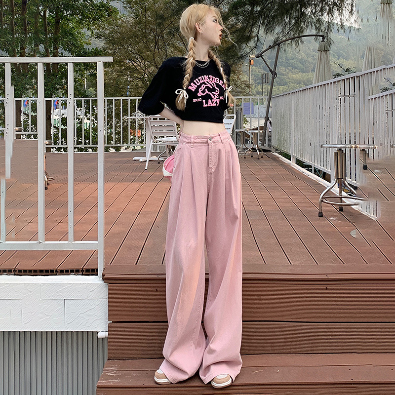 Retro all-match loose pleated wide-leg high-waisted straight-leg Tencel jeans for women with extended trousers