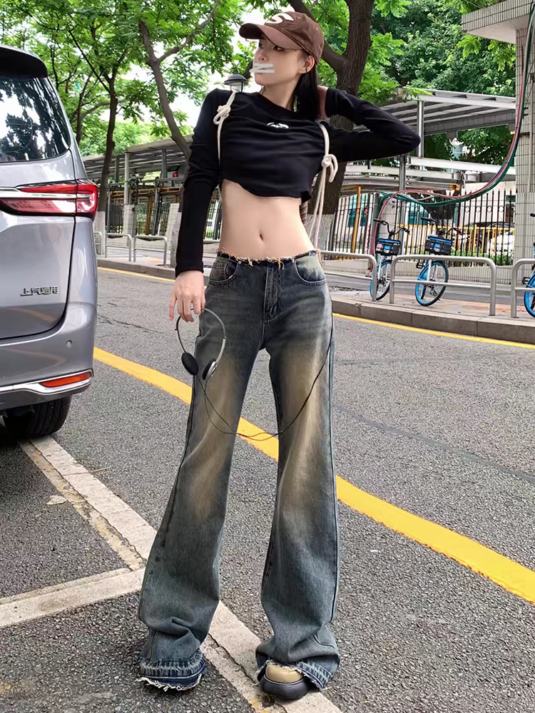 American retro raw edge jeans for women, fashionable low-waisted bootcut pants, casual slimming trousers