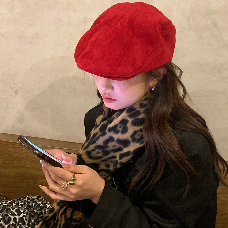 [My head is not round] Suede Ancora Red Advance Hat Women's Autumn and Winter Style Face-Showing Small Duck Tongue Beret