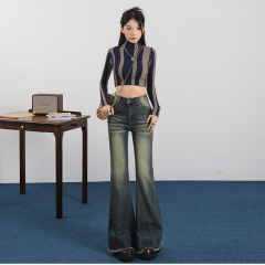 Retro blue micro-flared jeans for women high-waisted heavy-duty washed stretch flared pants
