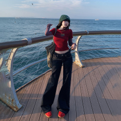 American retro low-waisted loose bell-bottom pants for autumn and winter, versatile drapey floor-length jeans for women