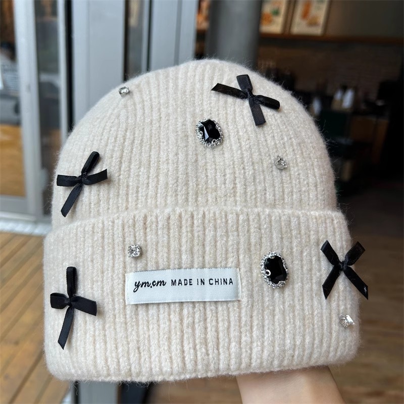 New rhinestone woolen hat for women in autumn and winter thickened warm ear protection hat versatile casual cute bow knitted hat
