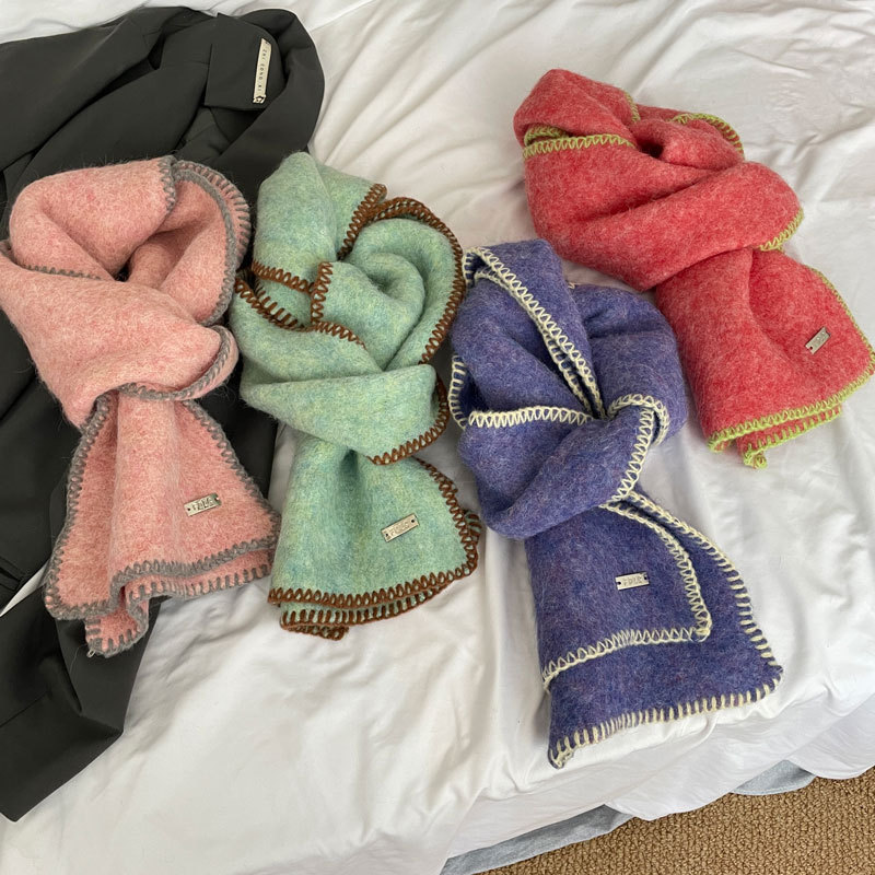 Korean version of Internet celebrity ins niche wool blended knitted scarf for women autumn and winter students solid color warm and versatile scarf