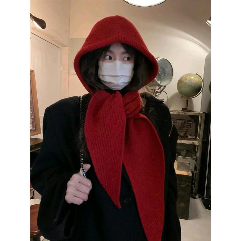 Korean style ins hat, scarf, one-piece warm knitted hat for women, winter ear protection balaclava, woolen hat for men