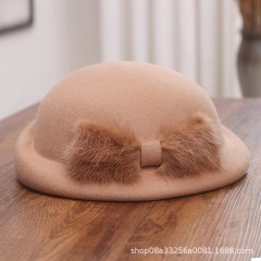 French high-end mink hair bow woolen beret women's autumn and winter light luxury retro British curled top hat