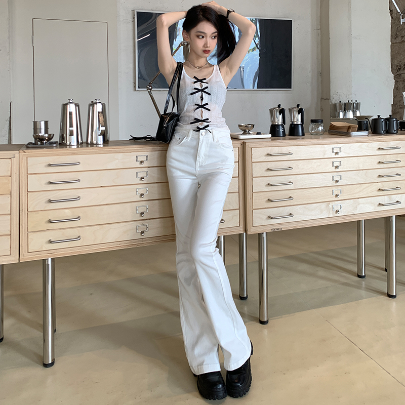 White high-waisted slim bootcut pants for women, fashionable slim jeans and temperament trousers