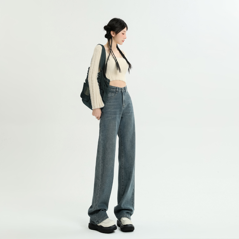 Autumn and winter plus velvet retro blue high waist straight loose jeans women's wide leg floor mopping pants ins high street trend