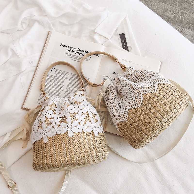 2023 New Vacation Bucket Bag Fairy Rattan Beach Bag Portable Messenger Bag Women's Lace Straw Bag