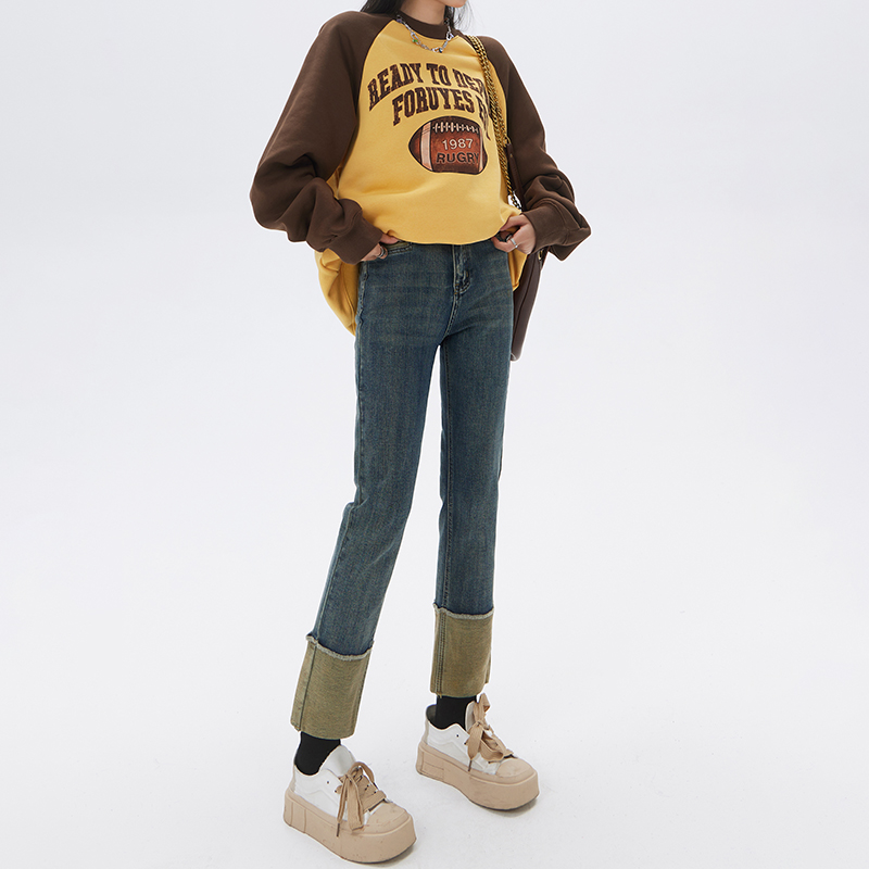 Retro high waist elastic cuffed straight pants, versatile cigarette pants, niche design jeans for women & longer trousers