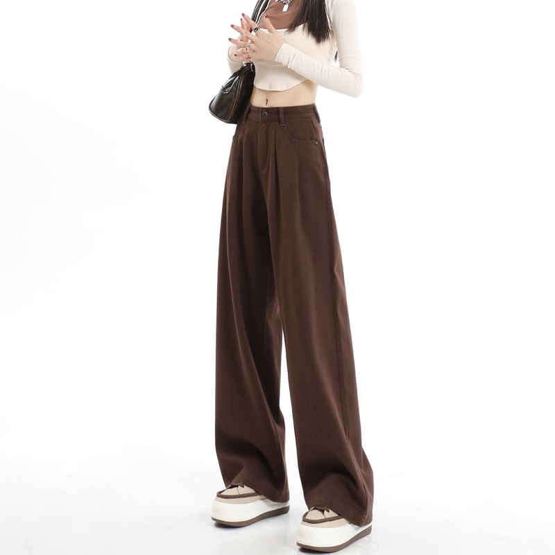 Korean style zipper pleated design super soft texture denim wide leg floor mopping pants for women
