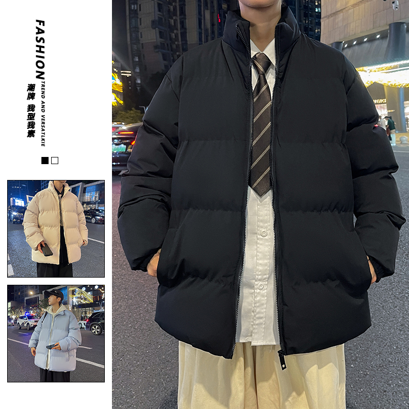 Winter men's Korean style stand collar loose Hong Kong style bread coat cotton coat couple style thickened jacket