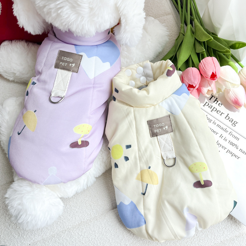 Dog clothes with traction buckle, autumn and winter cotton clothes, Teddy puppies warm vest, outdoor dog walking quilted printed two-legged clothes