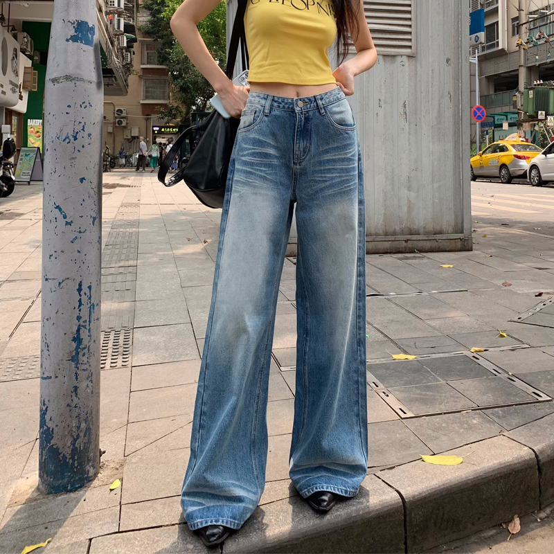 Crease retro distressed washed jeans women's loose slimming straight pants floor mopping long pants