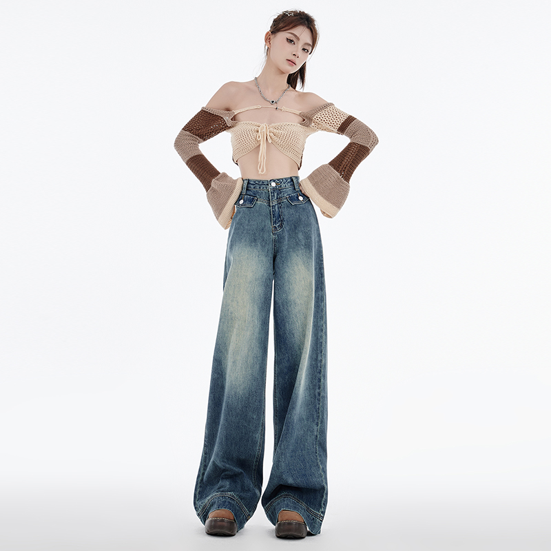Retro blue velvet jeans for women, high-waisted, loose, slim, American-style drapey floor-length wide-leg pants