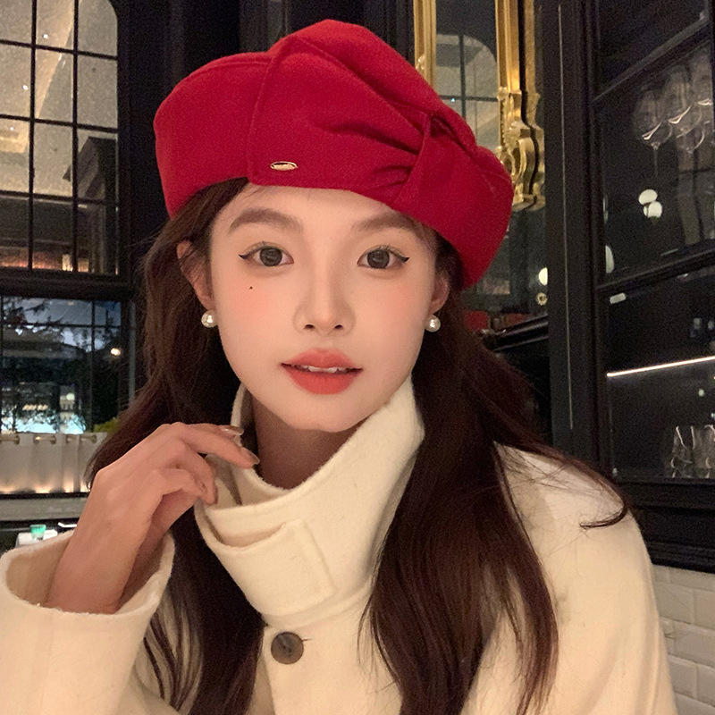Liangfang Hepburn style bow-knot ancora red beret hat for women showing face small big head painter hat