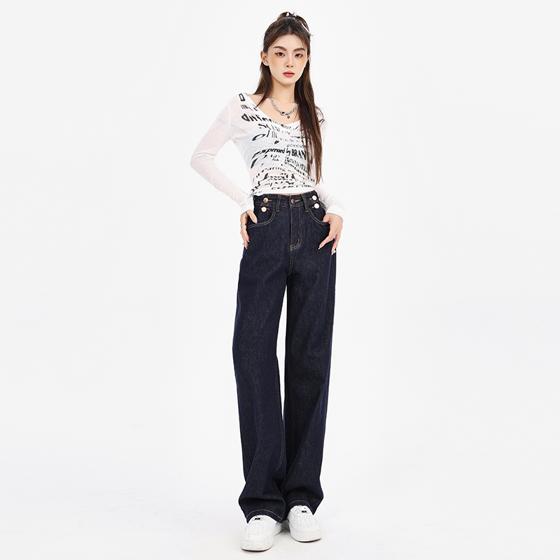 Ten thousand years of retro classic denim original color high waist buttoned design wide leg loose straight jeans for women