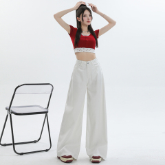 White jeans women's Tencel three-proof fabric pants high-waisted loose elephant-leg big-foot pants