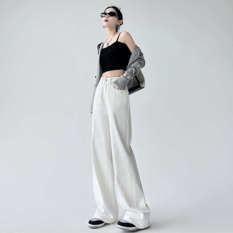 White jeans for women, loose, high-waisted, slim straight pants, wide-leg pants, floor-length pants