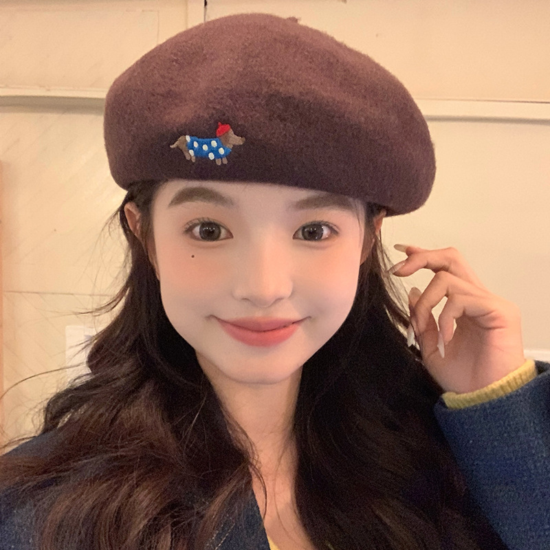 [My head is not round] Dachshund Beret Hat Women's Autumn and Winter Woolen Woolen Big Head Circumference Showing Face Small Painter Hat