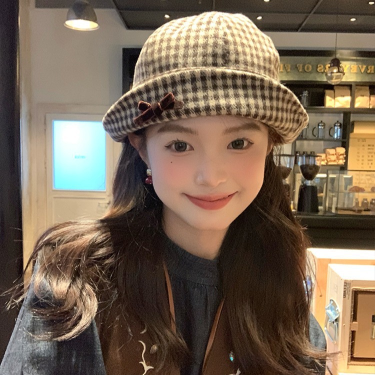 Autumn and winter sweet plaid bow basin hat showing face small versatile flanged Korean style fisherman hat women's fashion bucket hat