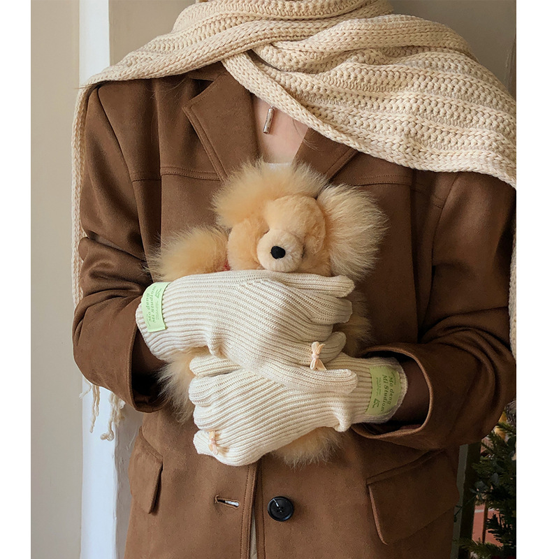 Korean blogger style bow knitted solid color simple versatile warm winter touch screen gloves for women warm and cute