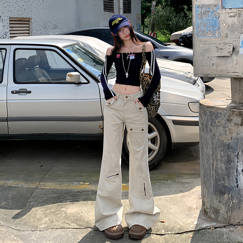 American design multi-pocket bootcut straight-leg high-waisted floor-sweeping work jeans