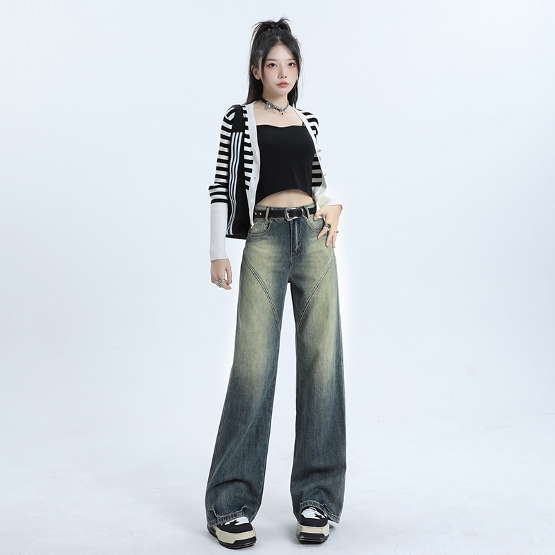 Retro blue jeans women's high waist straight leg loose wide leg niche wide leg floor mopping pants