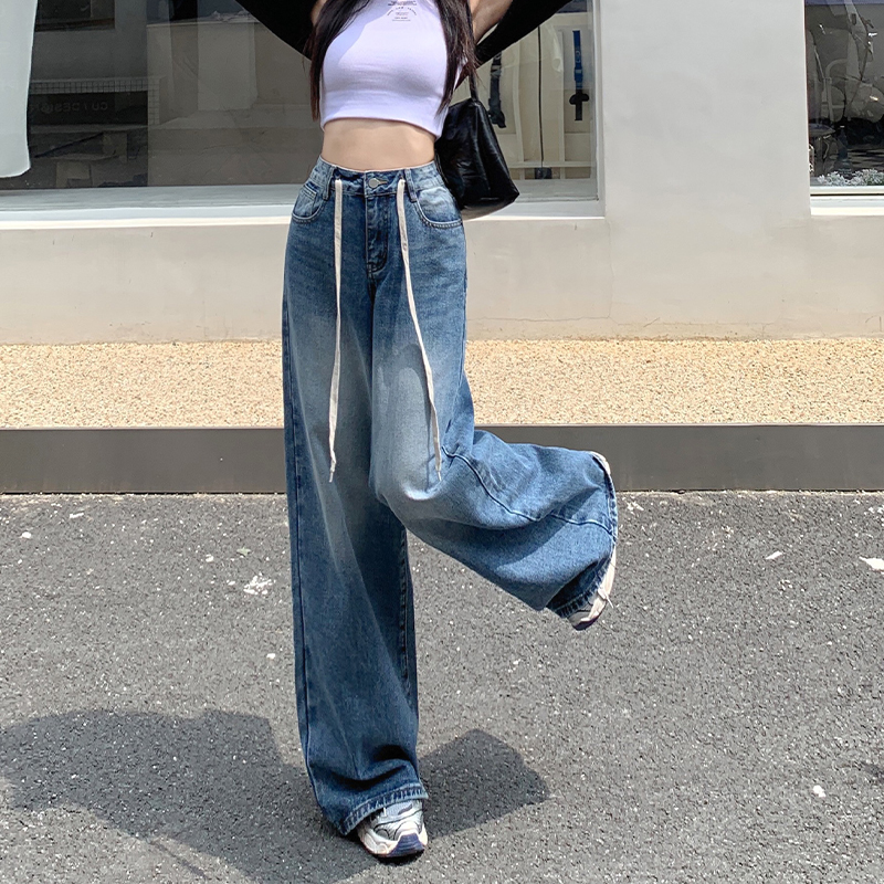 Retro washed drawstring high waist loose American YKK zipper wide leg drape straight jeans for women