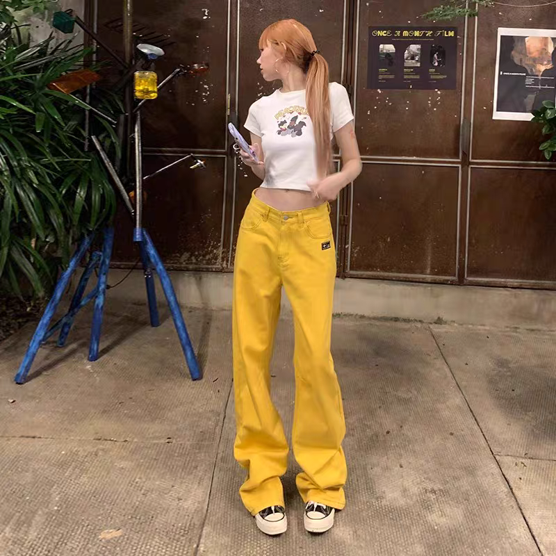 Yellow wide-leg jeans for men and women, loose, slim and versatile, straight-leg floor mopping pants