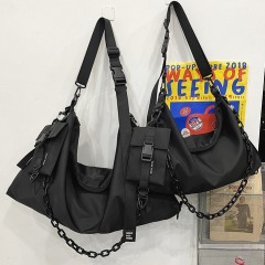 Men's and women's large-capacity shoulder bag Hong Kong style casual personality tote bag workwear black unisex college men's cross-body bag