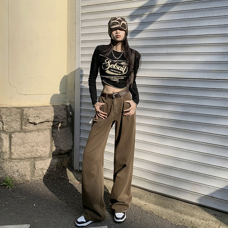American Hot Girl Retro Washed Loose Wide Leg Pants Popular on the Street, Versatile High Waisted Straight Leg Jeans for Women Trendy